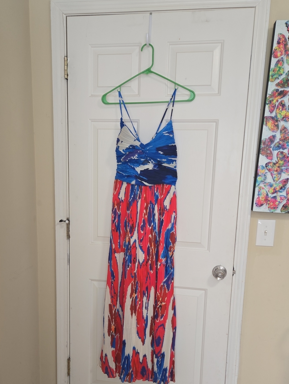 Ruched Spaghetti-Strap Maxi Dress in Blue and Red Print